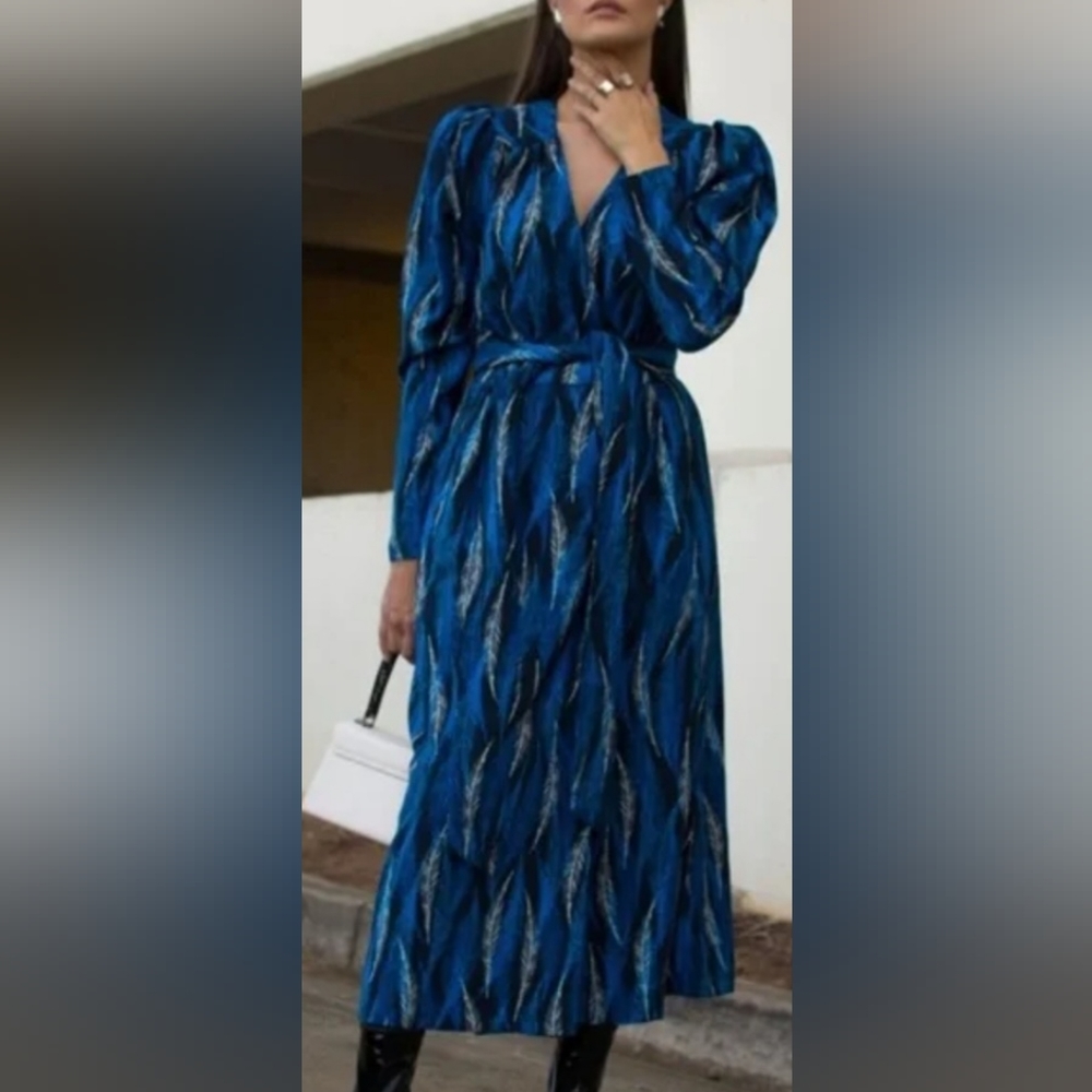 NWT Happy x Nature | Kate Hudson Alpha Wrap Maxi Dress Boho Blue Feather small